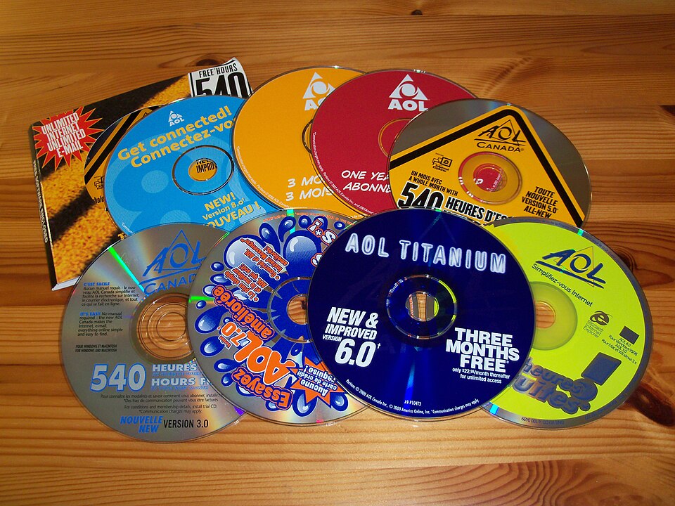 A collection of AOL trial CDs from the late 1990s and early 2000s